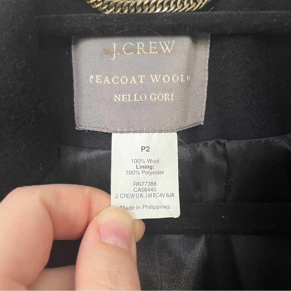 J. Crew Peacoat Wool by Nello Gori Size P2 Double Breasted Black Tan Trim - Picture 8 of 11